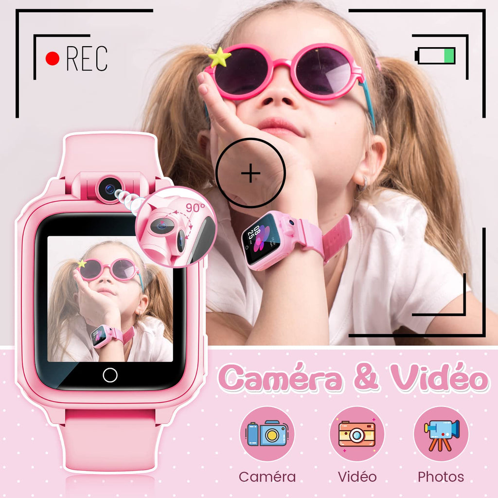 Smart Watch, Toy 3 4 5 6 7 8 9 10 11 12 Years Old Rotatable Camera 90° Rotatable Camera 14 Games Boys Smart Watch Kids Games Great Gift Girl Boy, Pink, Modern