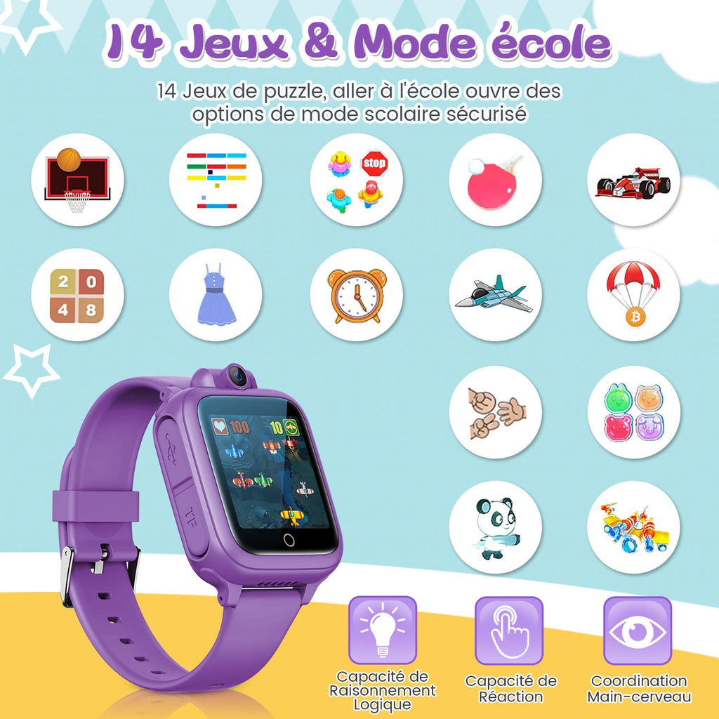 Smart Watch, Toy 3 4 5 6 7 8 9 10 11 12 Years Old Rotatable Camera 90° Rotatable Camera 14 Games Boys Smart Watch Kids Games Great Gift Girl Boy, Pink, Modern