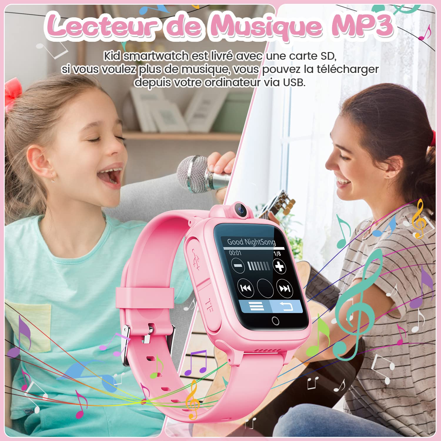 Smart Watch, Toy 3 4 5 6 7 8 9 10 11 12 Years Old Rotatable Camera 90° Rotatable Camera 14 Games Boys Smart Watch Kids Games Great Gift Girl Boy, Pink, Modern