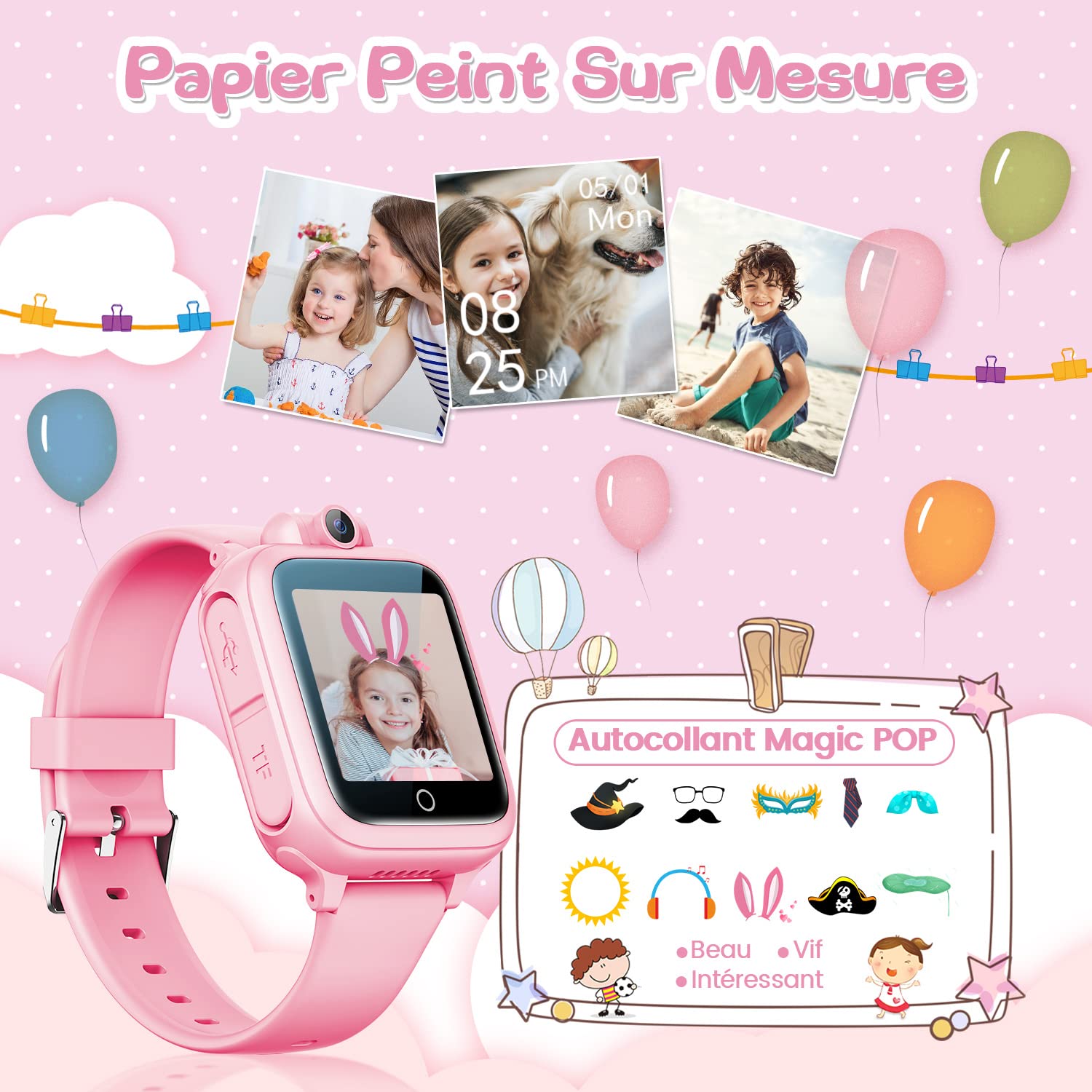 Smart Watch, Toy 3 4 5 6 7 8 9 10 11 12 Years Old Rotatable Camera 90° Rotatable Camera 14 Games Boys Smart Watch Kids Games Great Gift Girl Boy, Pink, Modern
