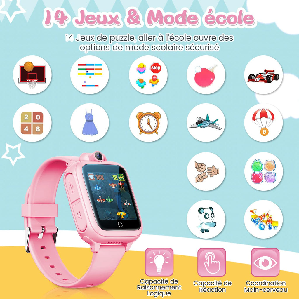 Smart Watch, Toy 3 4 5 6 7 8 9 10 11 12 Years Old Rotatable Camera 90° Rotatable Camera 14 Games Boys Smart Watch Kids Games Great Gift Girl Boy, Pink, Modern