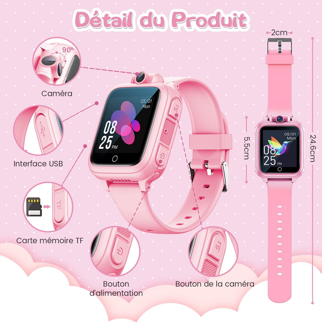 Smart Watch, Toy 3 4 5 6 7 8 9 10 11 12 Years Old Rotatable Camera 90° Rotatable Camera 14 Games Boys Smart Watch Kids Games Great Gift Girl Boy, Pink, Modern