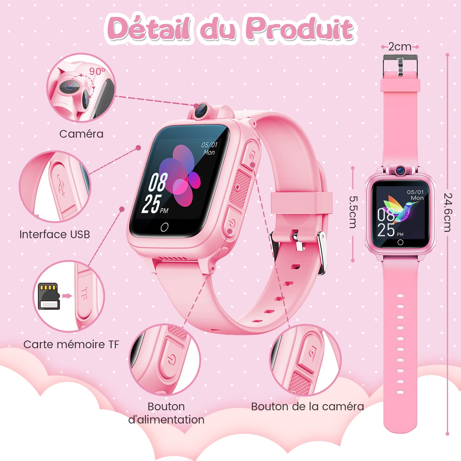 Smart Watch, Toy 3 4 5 6 7 8 9 10 11 12 Years Old Rotatable Camera 90° Rotatable Camera 14 Games Boys Smart Watch Kids Games Great Gift Girl Boy, Pink, Modern
