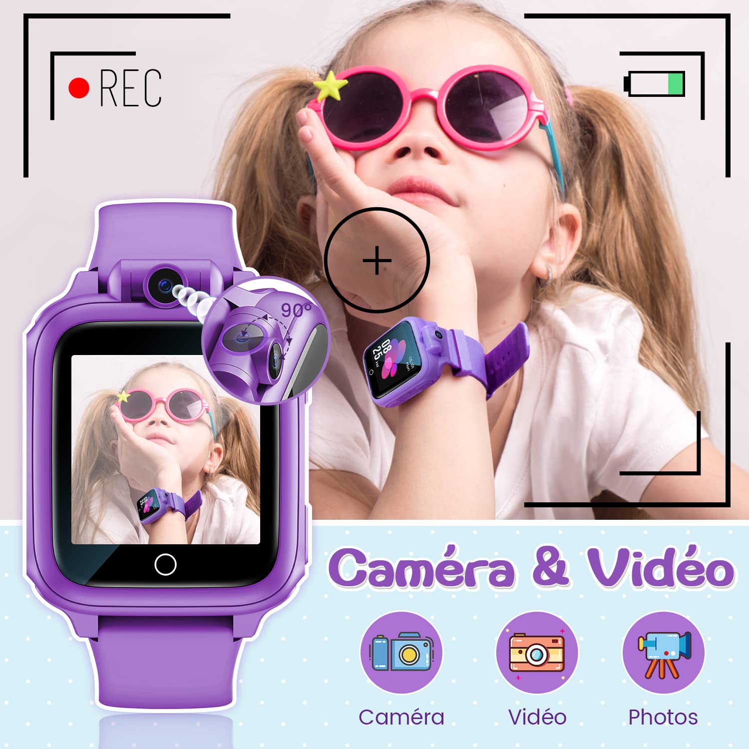 Smart Watch, Toy 3 4 5 6 7 8 9 10 11 12 Years Old Rotatable Camera 90° Rotatable Camera 14 Games Boys Smart Watch Kids Games Great Gift Girl Boy, Pink, Modern