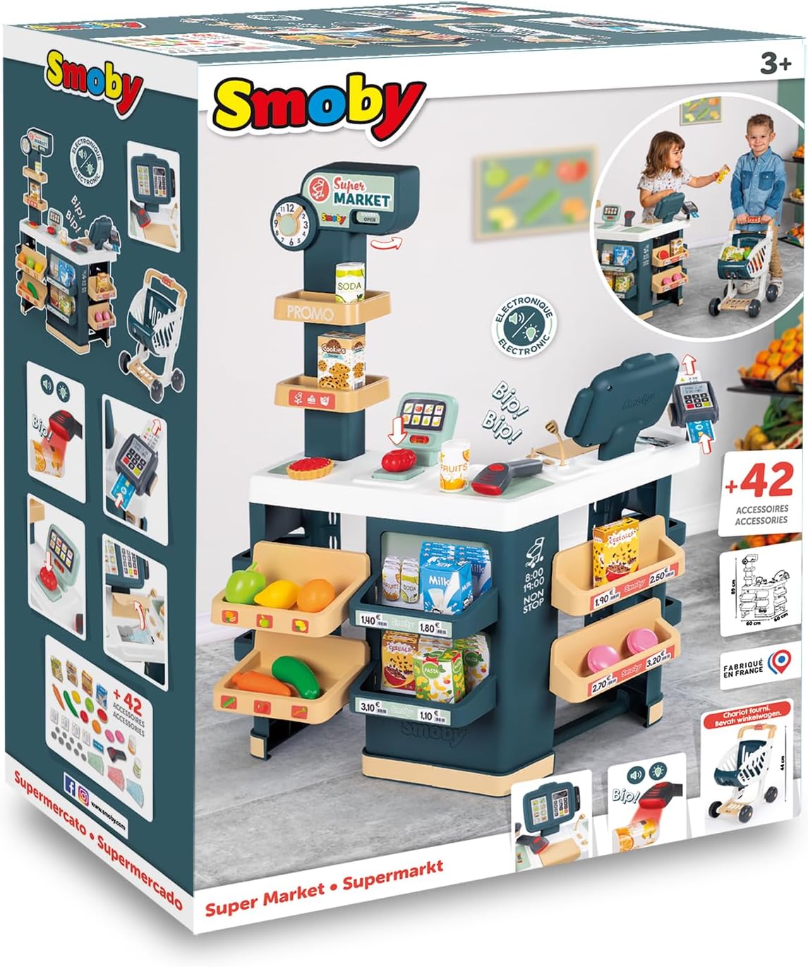 Smoby - Supermarket - Merchant for Children - Shopping Cart Included - Mechanical Scale - Electronic Functions - 42 Accessories - From 3 Years Old - Made in France