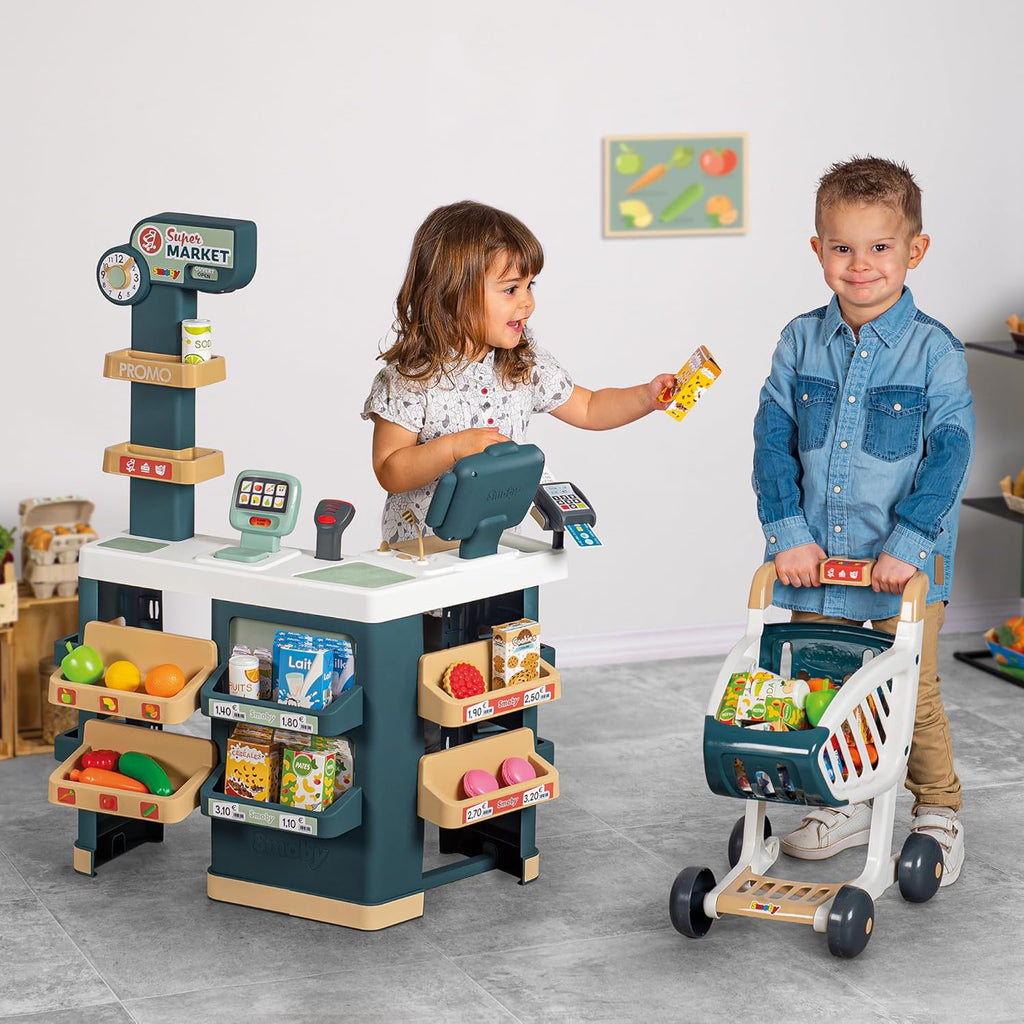 Smoby - Supermarket - Merchant for Children - Shopping Cart Included - Mechanical Scale - Electronic Functions - 42 Accessories - From 3 Years Old - Made in France