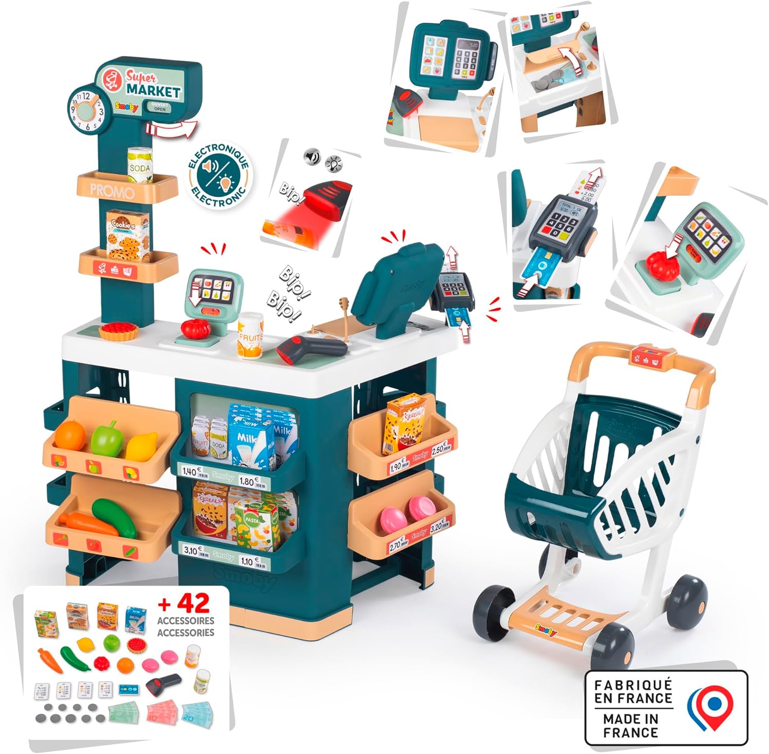 Smoby - Supermarket - Merchant for Children - Shopping Cart Included - Mechanical Scale - Electronic Functions - 42 Accessories - From 3 Years Old - Made in France