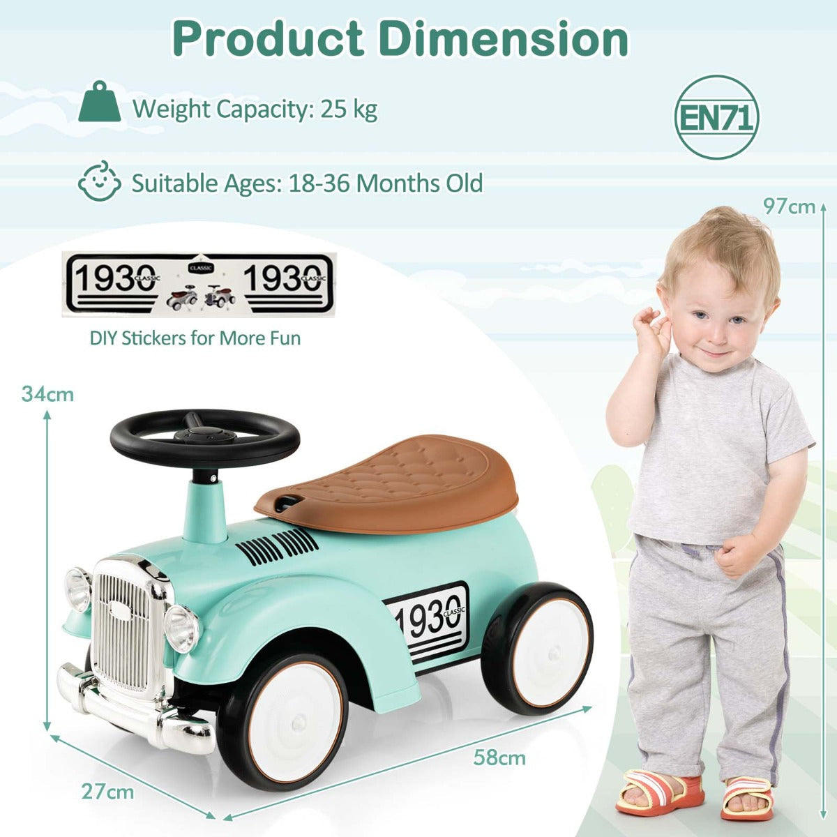 NNECW Kids Sit to Stand Vehicle with Working Steering Wheel for Boys &amp; Girls -Green-3