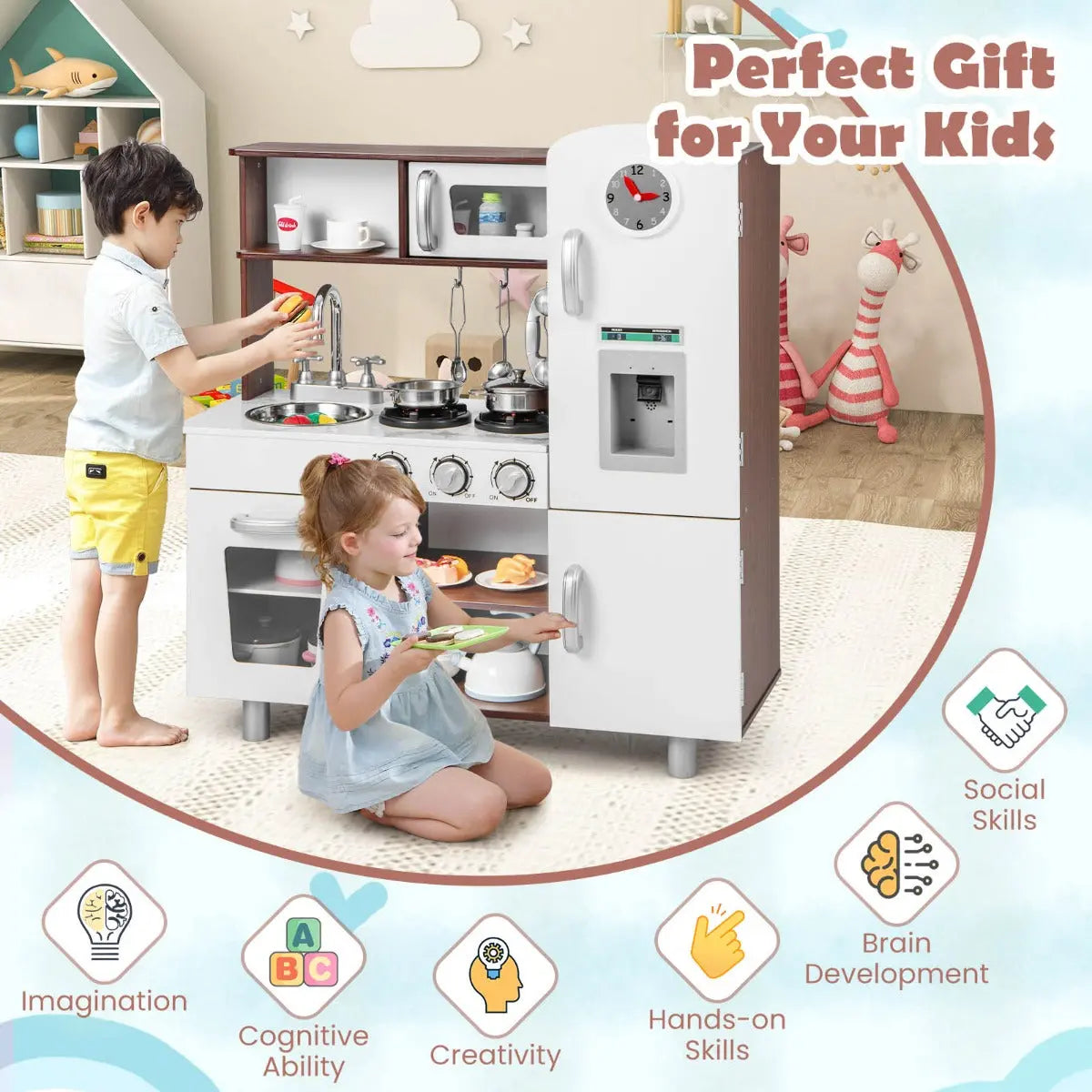 NNECW Pretend Play Kitchen Toy with Realistic Sounds and Lights NNECW